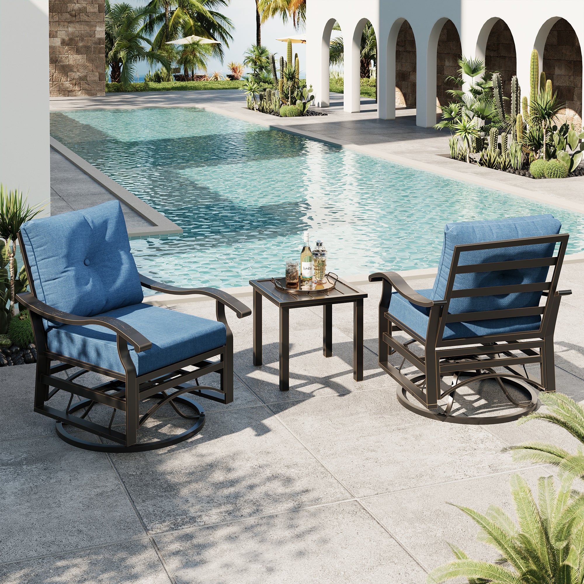 UDPATIO Outdoor Swivel Rocker Chairs, 3 Piece Metal Patio Rocking Chairs with Blue Padded Cushions Patio Bistro Furniture Set with Side Table for Porch Balcony Backyard