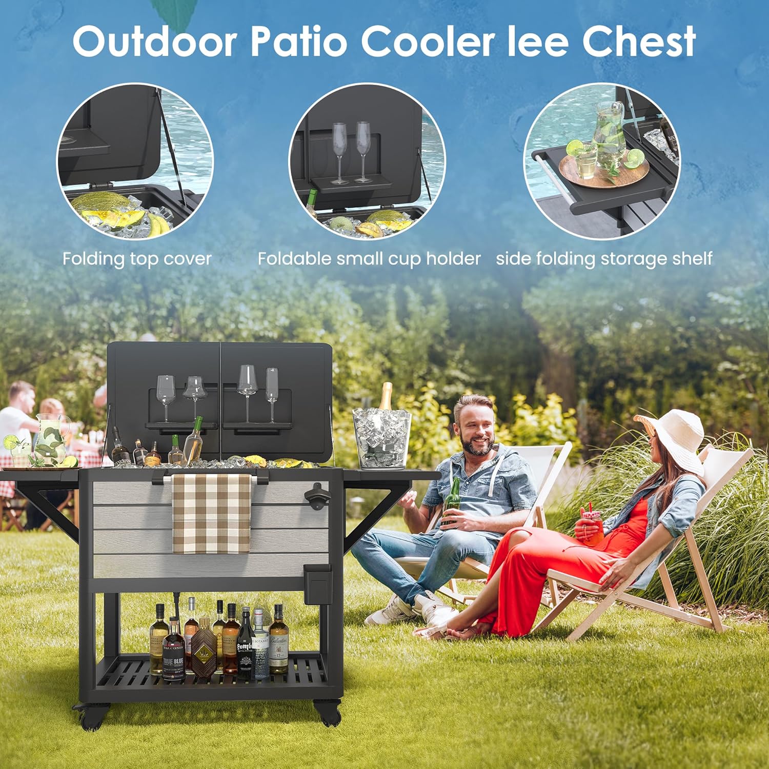 Patio Cooler with Wheels, 104 Qt Portable Rolling Ice Chest, Outdoor Beverage Bar Cart with Handles for Pool, Deck, BBQ, Cookouts Party-Grey