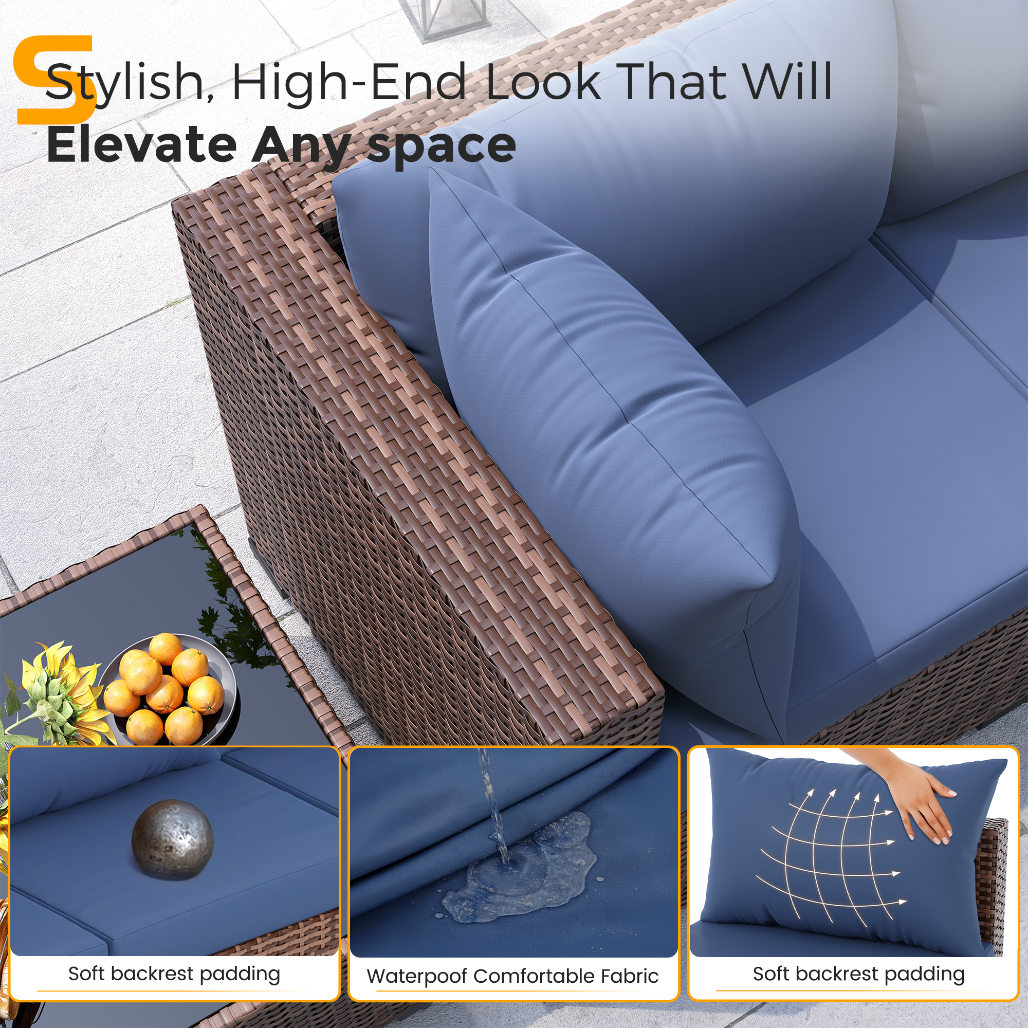 UDPATIO Outdoor Patio Furniture Set with Fire Pit Table, 8 Piece Outdoor Sectional Sofas, All-Weather Wicker Patio Conversation Set for Garden, Backyard