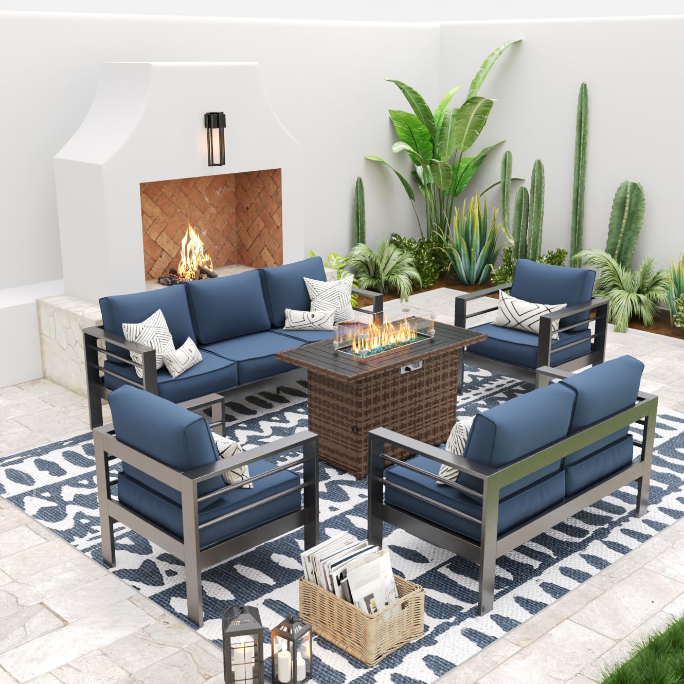 UDPATIO Aluminum Patio Furniture Set with Fire Pit Table, 7Seats Aluminum Outdoor Furniture Set with Water-Proof Cover Included,Cushions