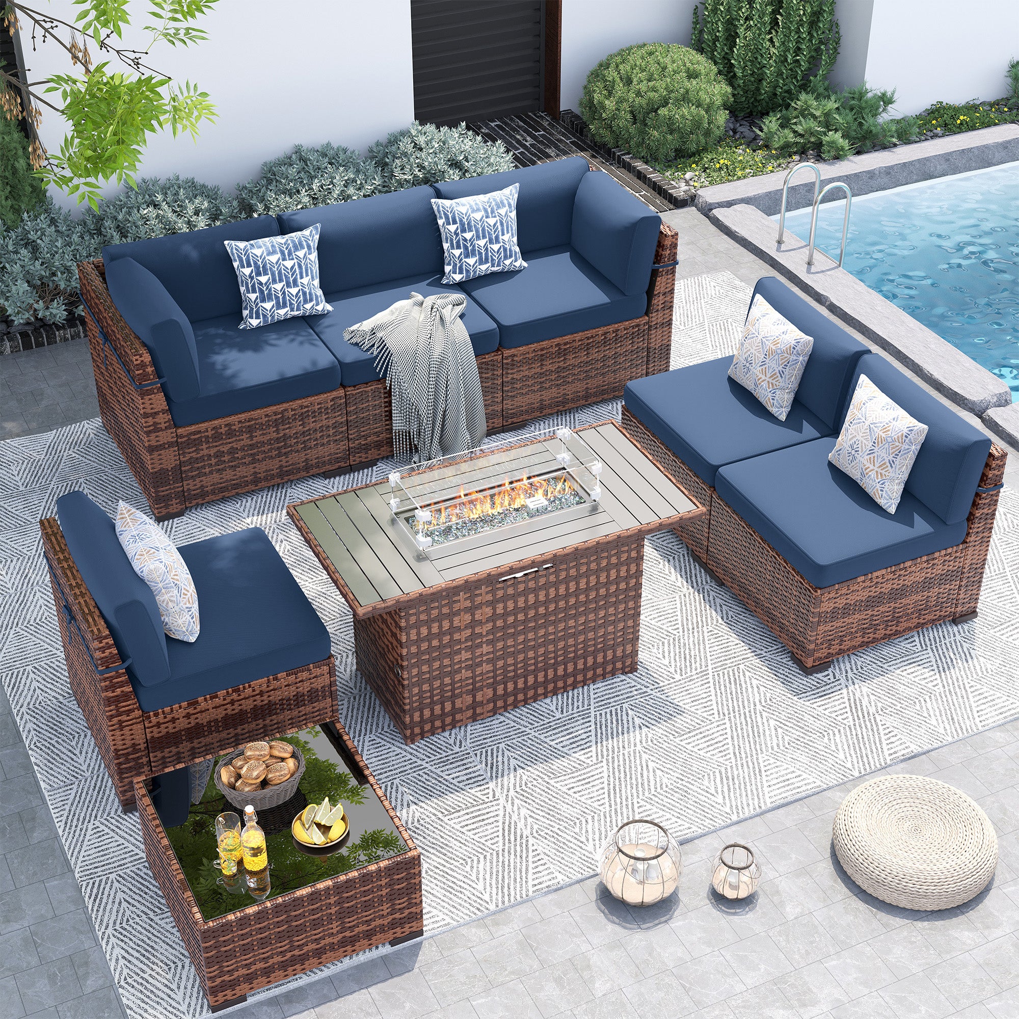 UDPATIO Patio Furniture Set With 44'' Fire Pit Table,Modular Outdoor Furniture Sets,Slanted Back Outdoor Sectional Conversation Set PE Rattan Sofa for Backyard W/Coffee Table,4'' Cushions,8 PCS