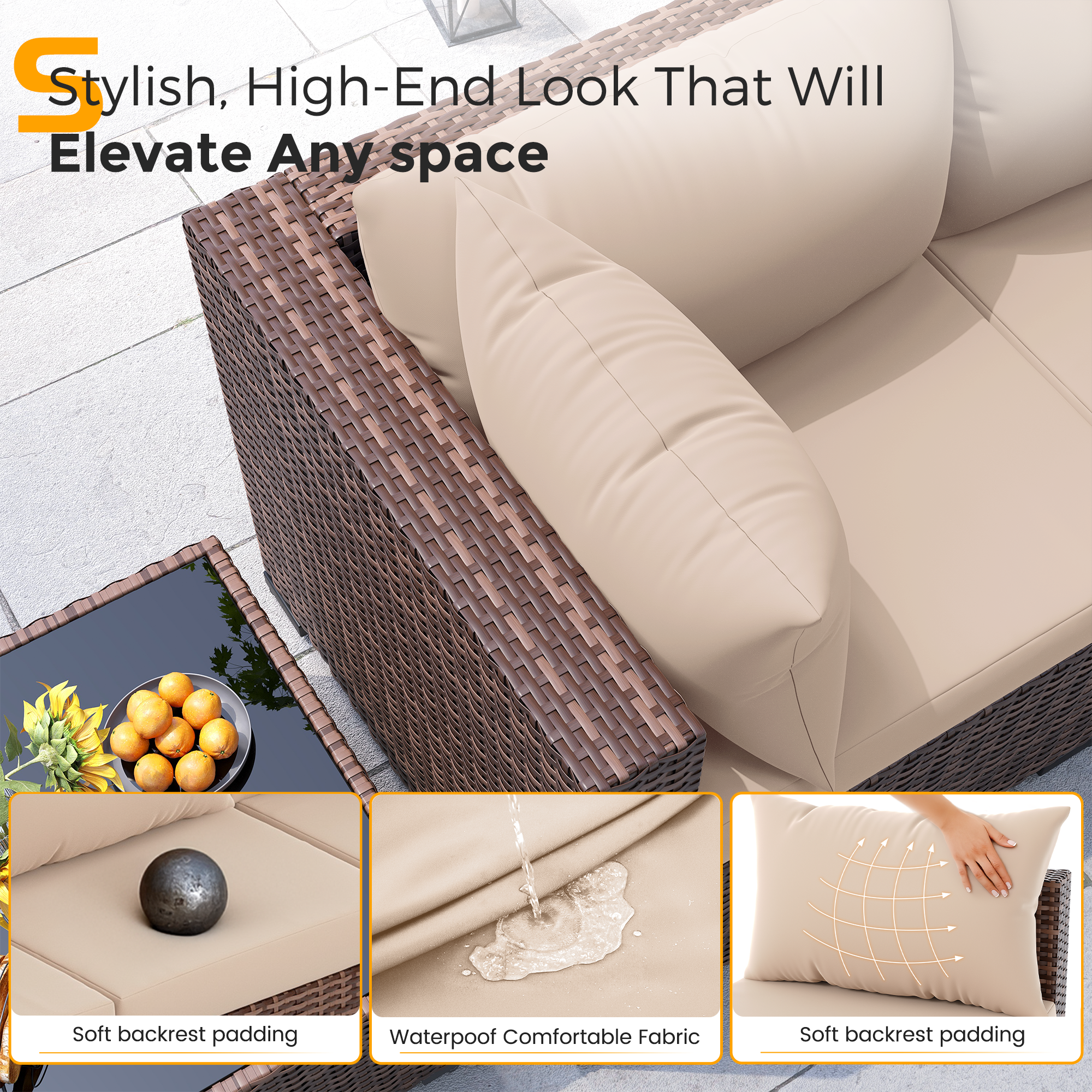 UDPATIO Outdoor Patio Furniture Set with Fire Pit Table, 8 Piece Outdoor Sectional Sofas, All-Weather Wicker Patio Conversation Set for Garden, Backyard