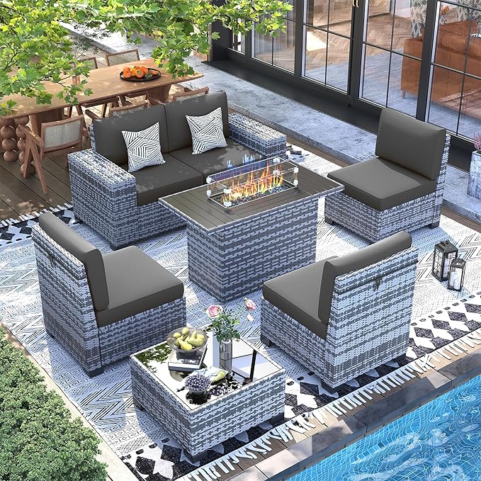 UDPATIO 7 Piece Patio Furniture Set with Fire Pit Table, 8''Wide Armrest Modular Rattan Outdoor Sectional  Sofa Set,Wicker Patio Conversation Sets for Backyard,Deck w/ 4'' Cushions,Cover