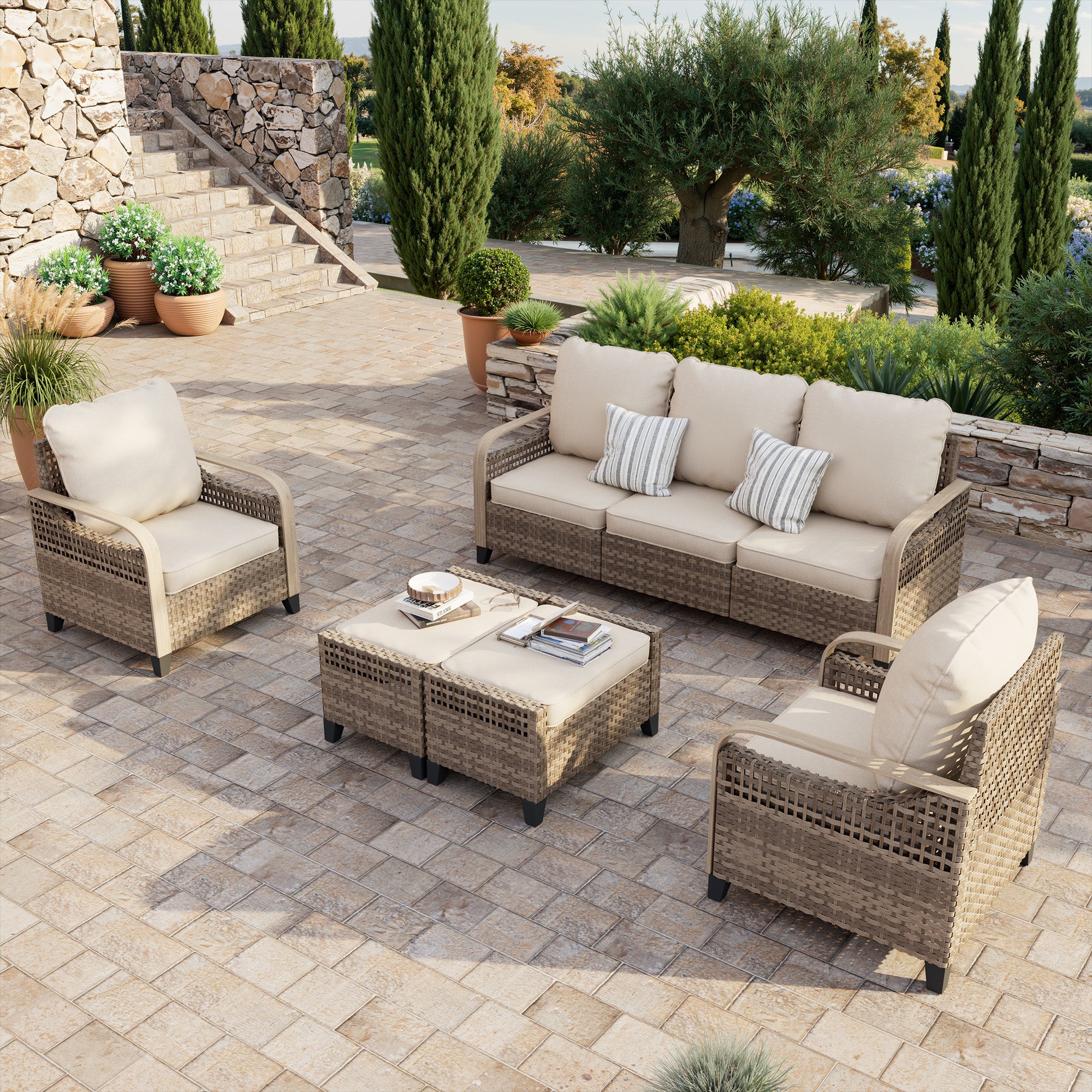 5 Pieces Outdoor Patio Furniture Set, Patio Set Washable Thick Cushions, Rattan Patio Conversation Sets for Deck, Yard, and Poolside, Yellow/Beige