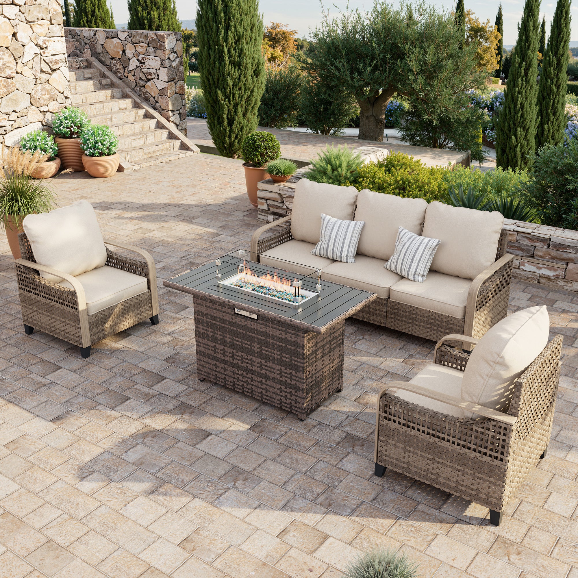 Patio Furniture Set with Fire Pit Table, 4 Pcs Patio Set with 105-Degree Ergonomic High Back, Yellow Wicker Rattan Outdoor Conversation Sets for Deck, Yard, and Poolside, Beige