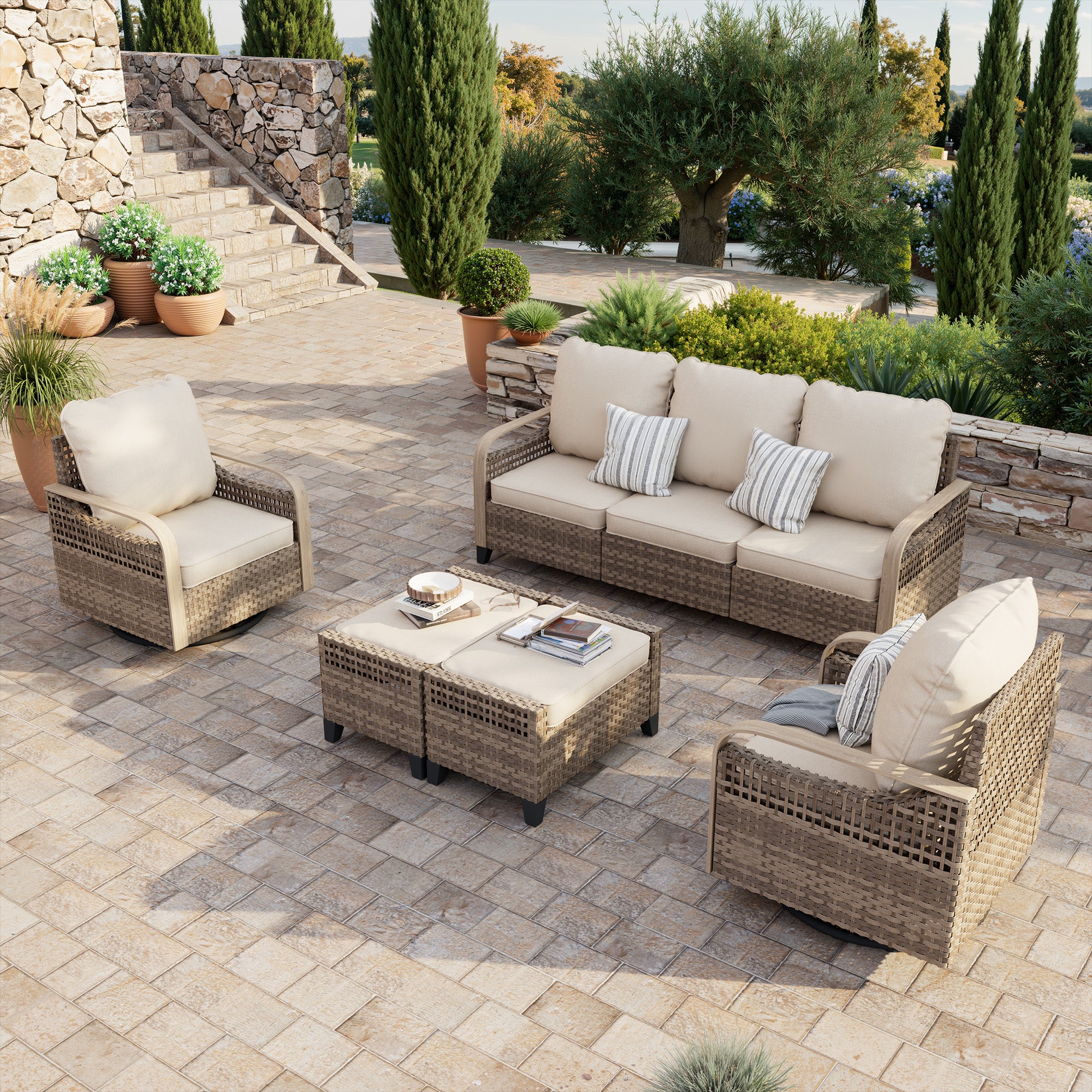 Outdoor Patio Furniture Set with Swivel Glide Chairs, 5 Pieces Patio Set Washable Thick Cushions, Rattan Patio Conversation Sets for Deck, Yard, and Poolside, Yellow/Beige