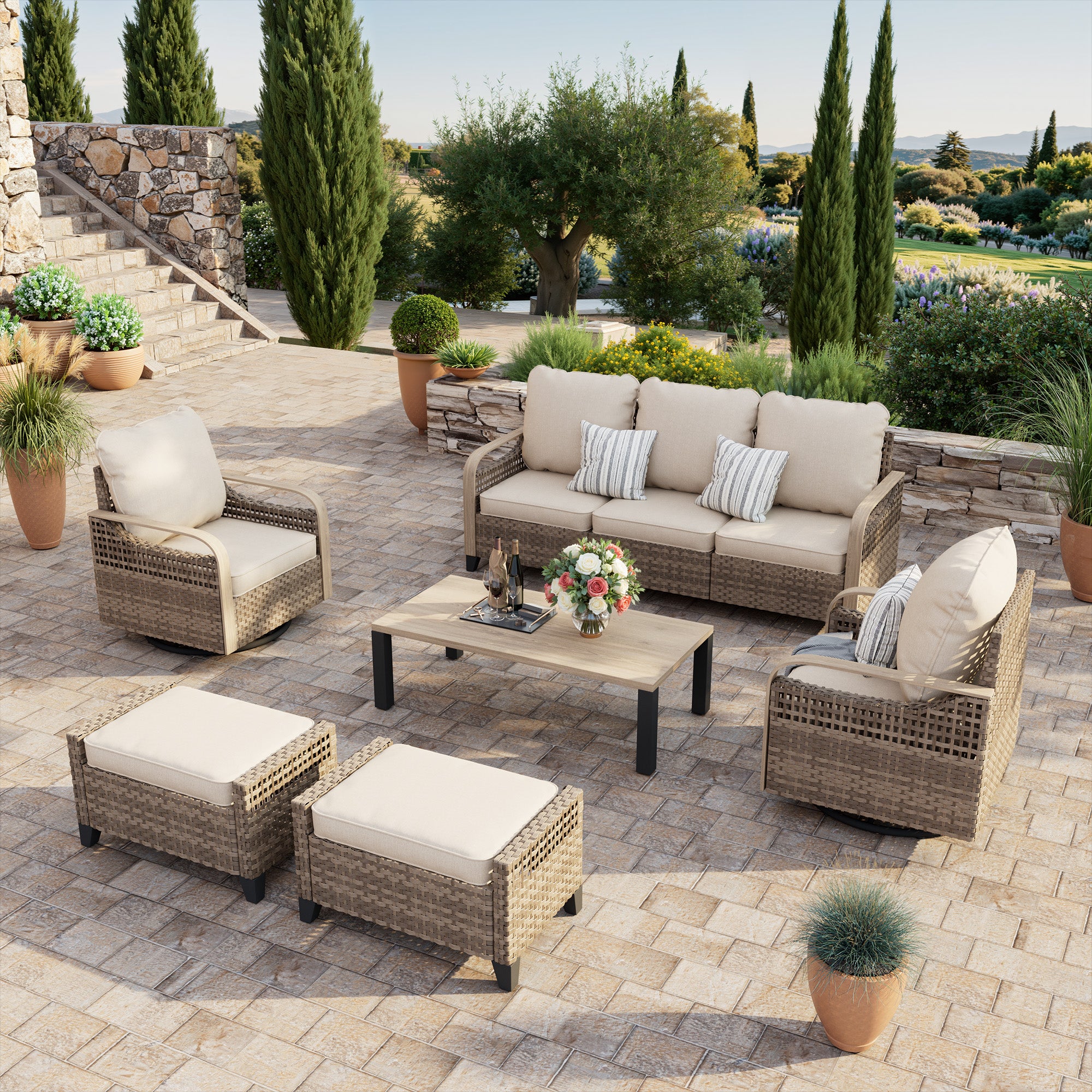 6 Pieces Outdoor Patio Furniture Set, Patio Set Washable Thick Cushions, Rattan Patio Conversation Sets for Deck, Yard, and Poolside, Yellow/Beige