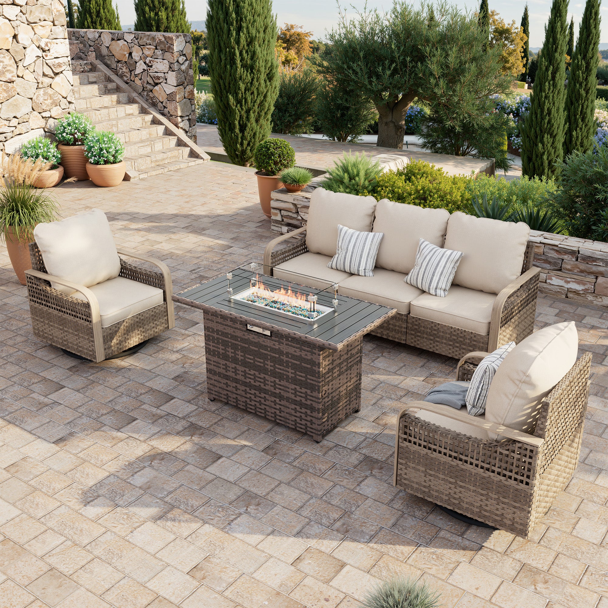 Patio Furniture Set with Fire Pit Table, 4 Pcs Patio Set with Swivel Glide Chairs, All-Weather Wicker Outdoor Sectional Sofa Washable Thick Cushions