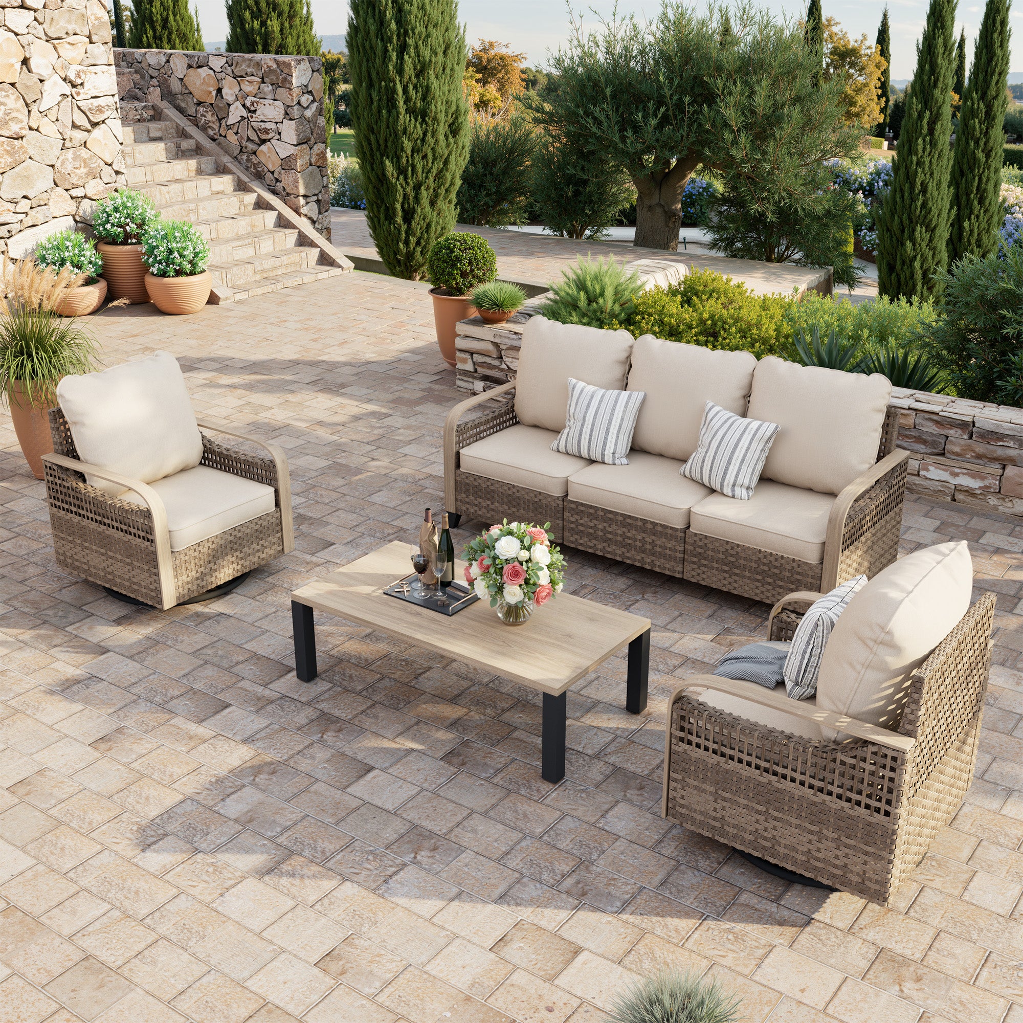 6 Pieces Outdoor Patio Furniture Set, Patio Set Washable Thick Cushions, Rattan Patio Conversation Sets for Deck, Yard, and Poolside