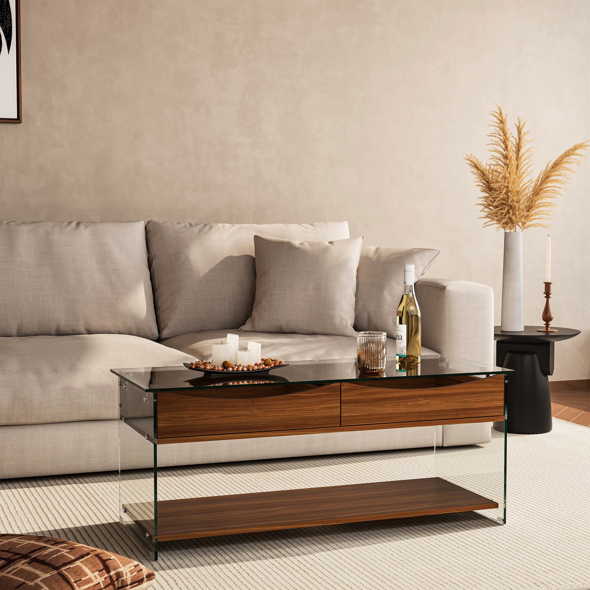 43'' W Rectangular Glass Coffee Table with Storage Drawers & Shelf Tempered Glass Top Walnut Finish Modern Center Table for Living Room