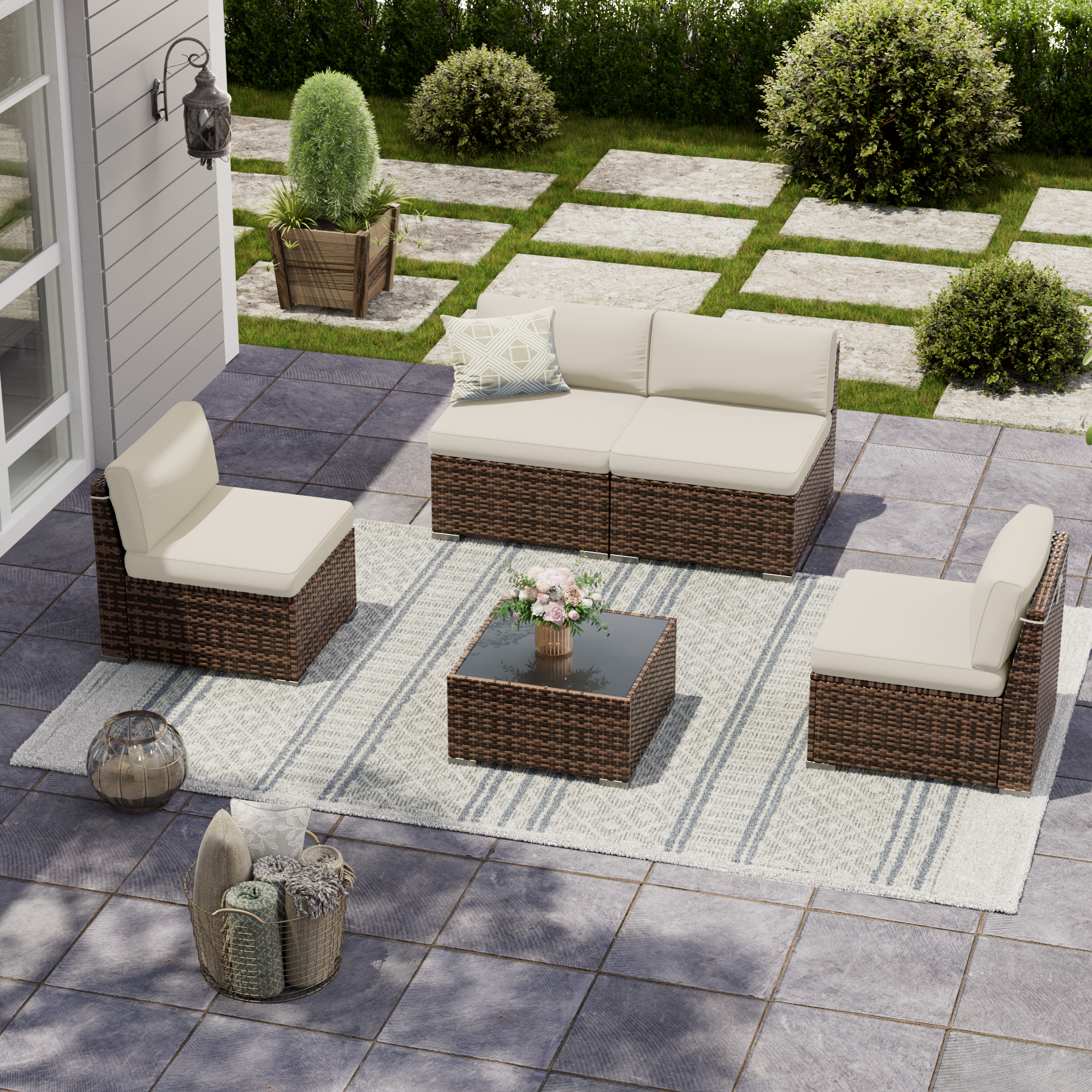 UDPATIO Patio Furniture Set, Modular Outdoor Sectional with 105°Slanted Back, 5 Pieces Rattan Conversation Set for Poolside, Backyard, Deck, with Coffee Table, Waterproof Cover