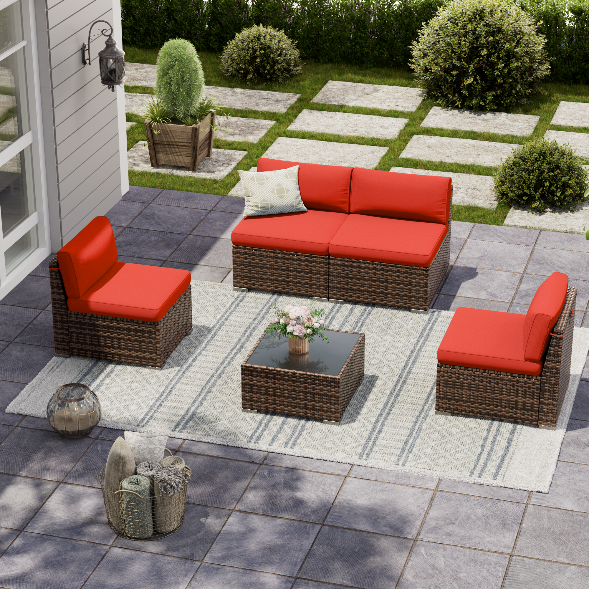 UDPATIO Patio Furniture Set, Modular Outdoor Sectional with 105°Slanted Back, 5 Pieces Rattan Conversation Set for Poolside, Backyard, Deck, with Coffee Table, Waterproof Cover