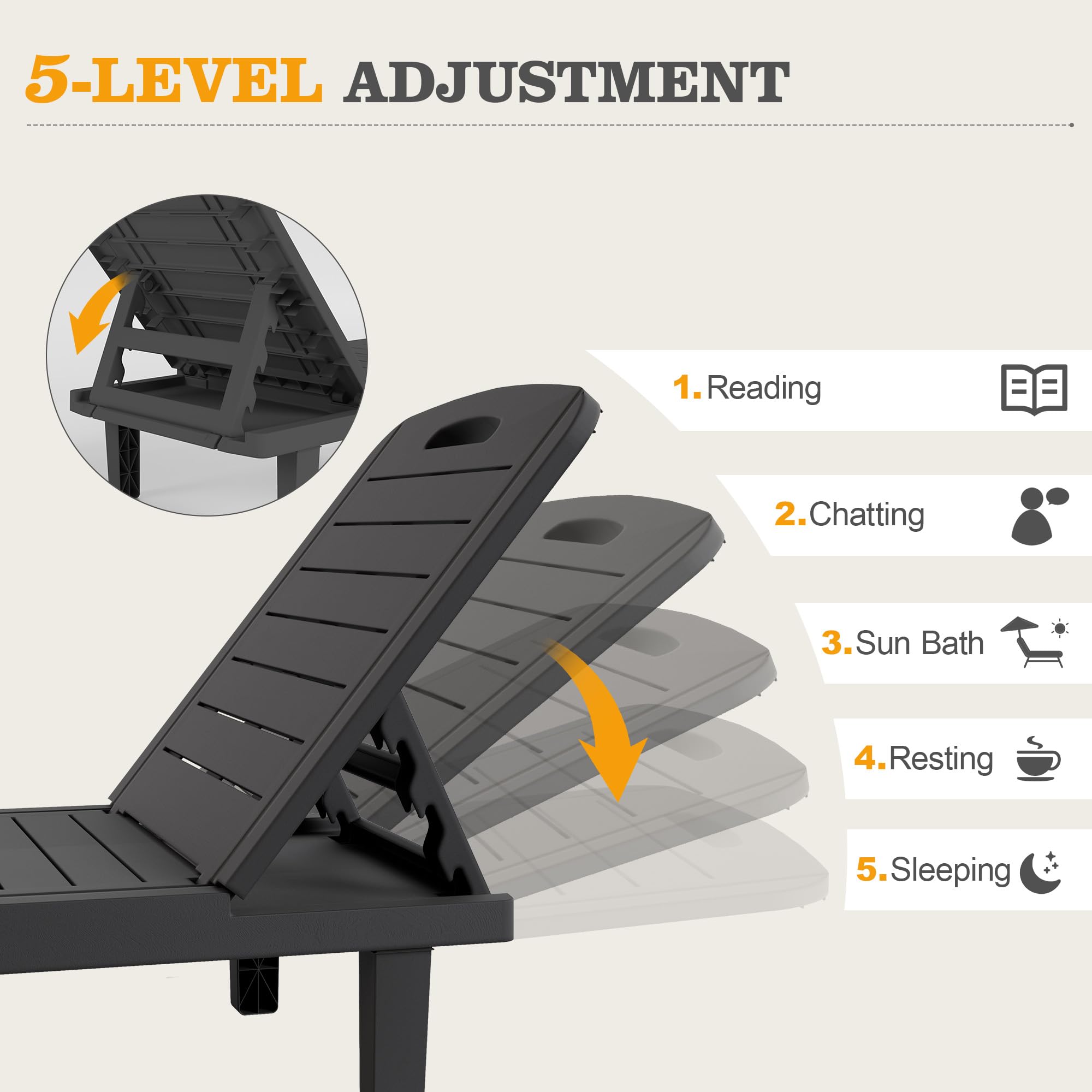 Oversized Outdoor Chairse Lounge Chair, 5-Level Adjustment Backrest