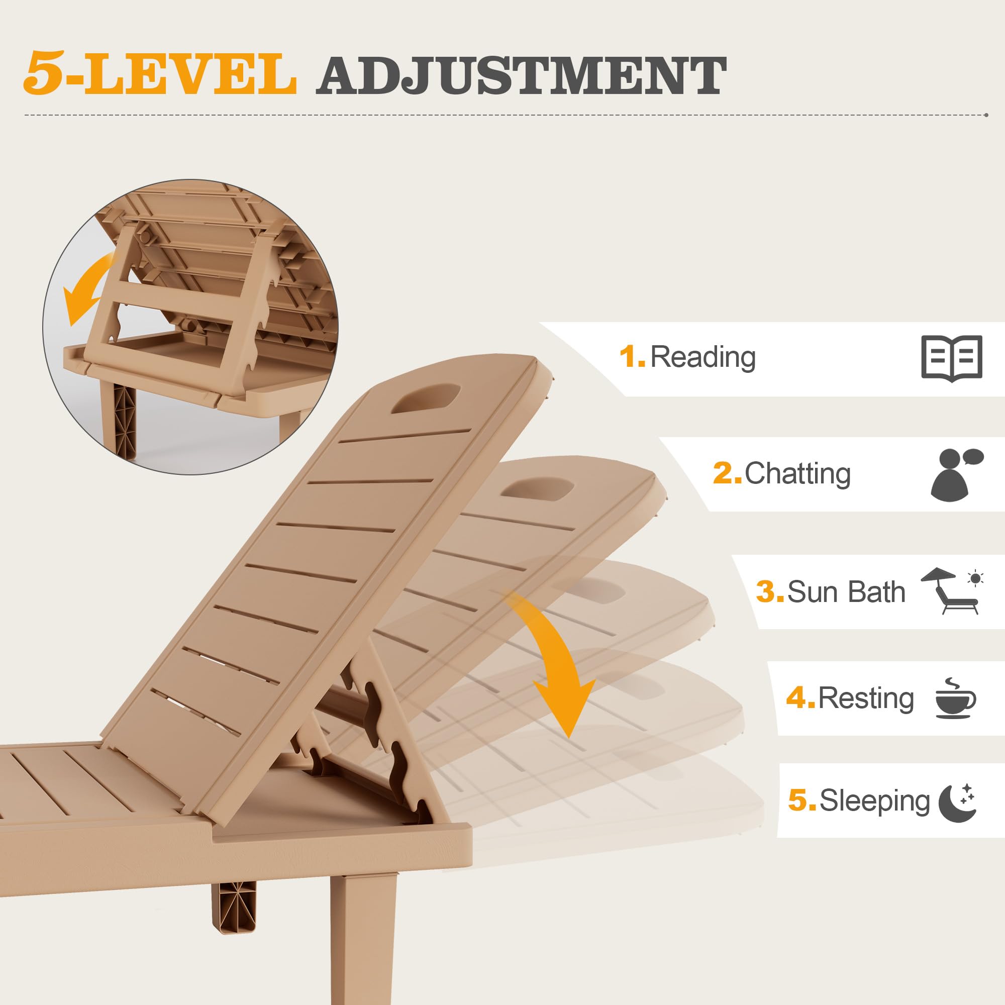 Oversized Outdoor Chairse Lounge Chair, 5-Level Adjustment Backrest