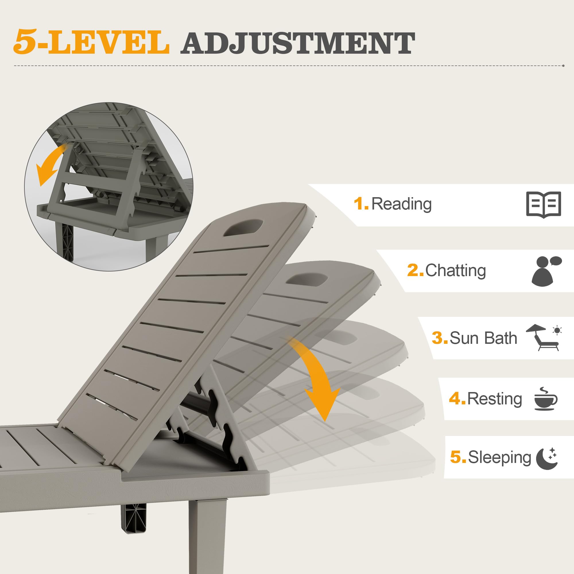Oversized Outdoor Chairse Lounge Chair, 5-Level Adjustment Backrest