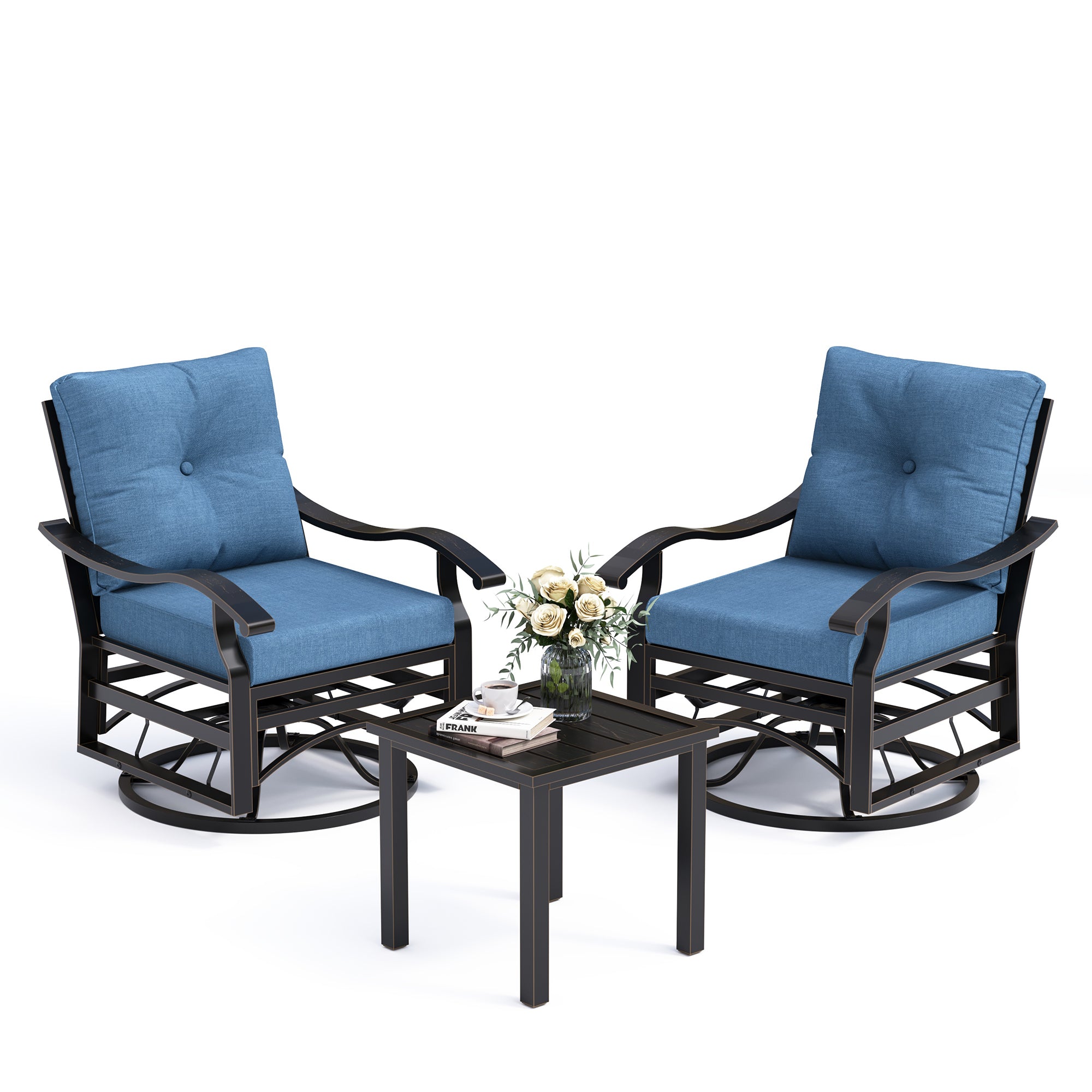 UDPATIO Outdoor Swivel Rocker Chairs, 3 Piece Metal Patio Rocking Chairs with Blue Padded Cushions Patio Bistro Furniture Set with Side Table for Porch Balcony Backyard