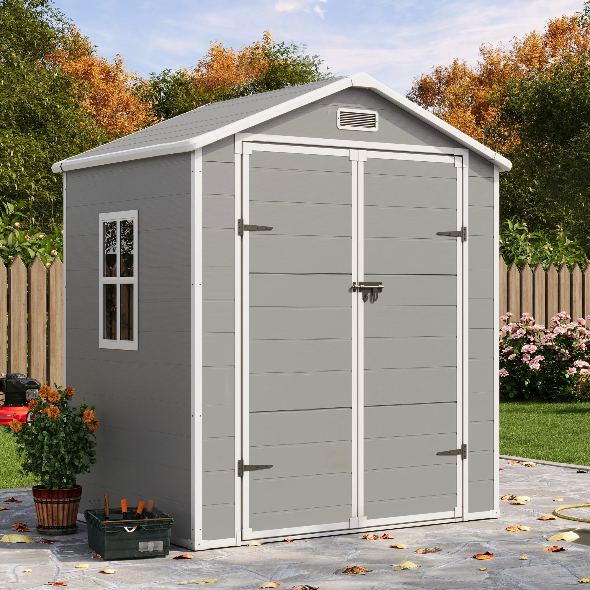 UDPATIO Outdoor Resin Storage Shed 6x4.5 ft, Plastic Garden Shed with Lockable Door for Backyard, Patio, Lawn, Grey White
