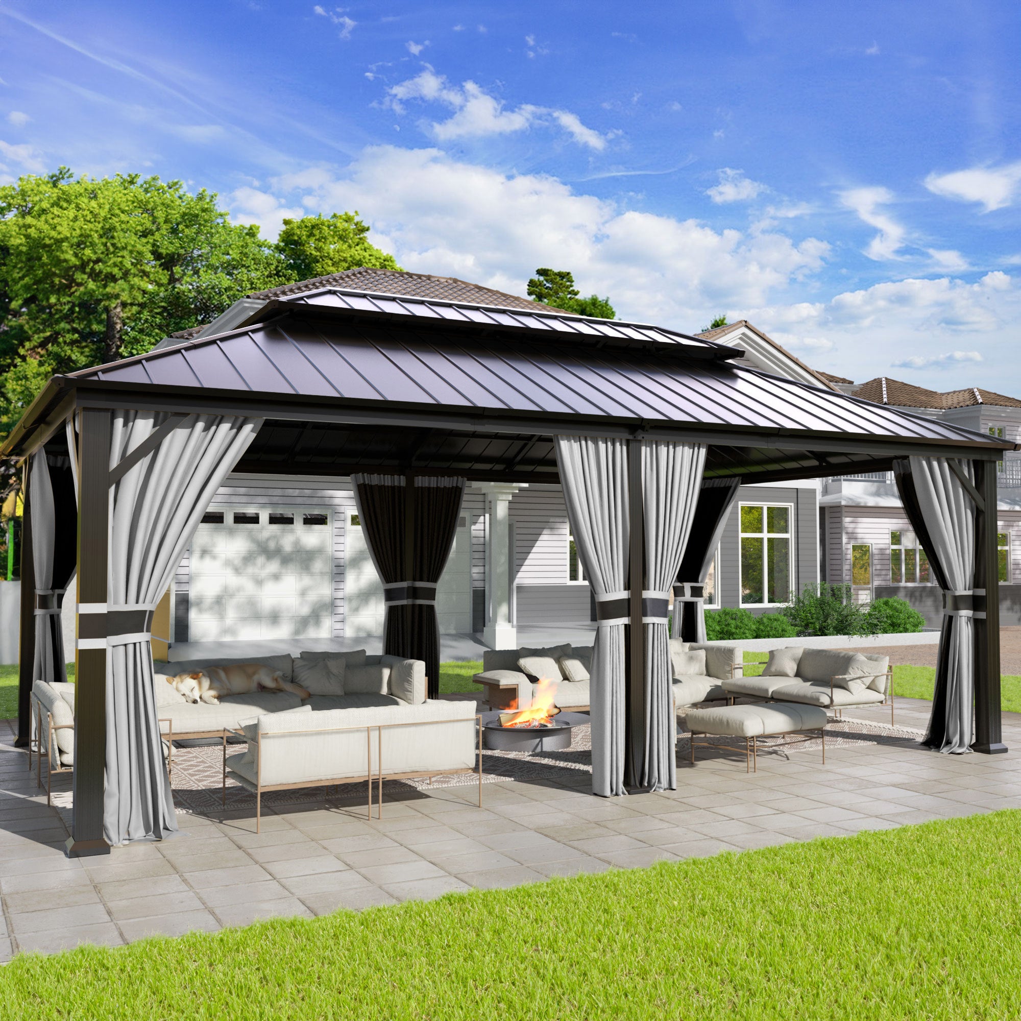 UDPATIO 12'x20' Hardtop Gazebo, Aluminum Frame Canopy with Double Galvanized Steel Roof, Outdoor Metal Gazebo with Curtains and Netting, for Backyard, Patio and Deck, Grey