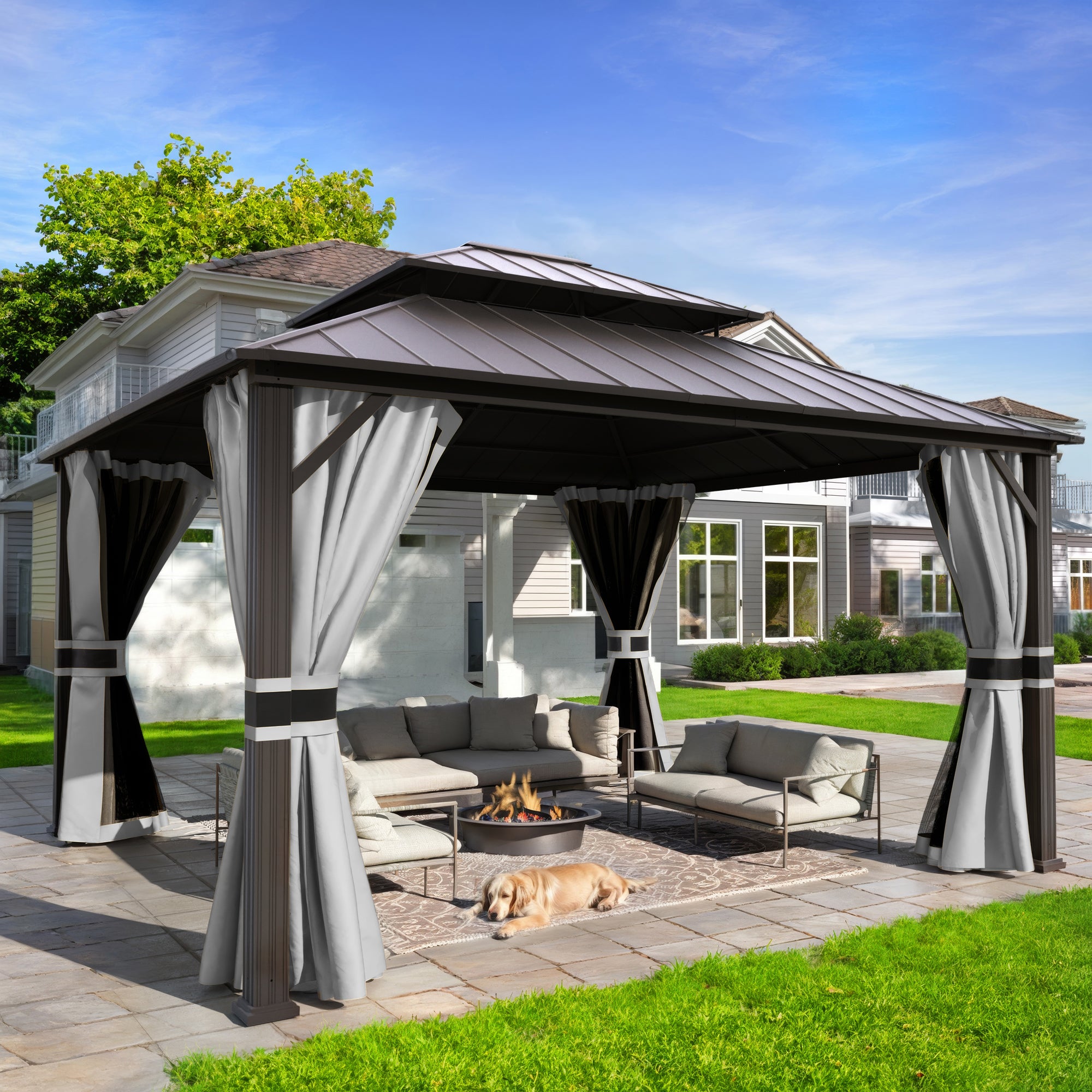UDPATIO 12'x14' Hardtop Gazebo, Aluminum Frame Canopy with Double Galvanized Steel Roof, Outdoor Metal Gazebo with Curtains and Netting, Curtains for Backyard, Patio and Deck, Grey