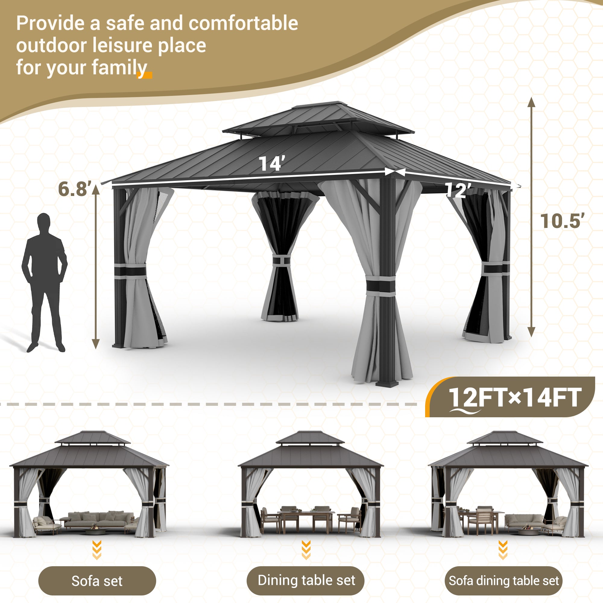 UDPATIO 12'x14' Hardtop Gazebo, Aluminum Frame Canopy with Double Galvanized Steel Roof, Outdoor Metal Gazebo with Curtains and Netting, Curtains for Backyard, Patio and Deck, Grey