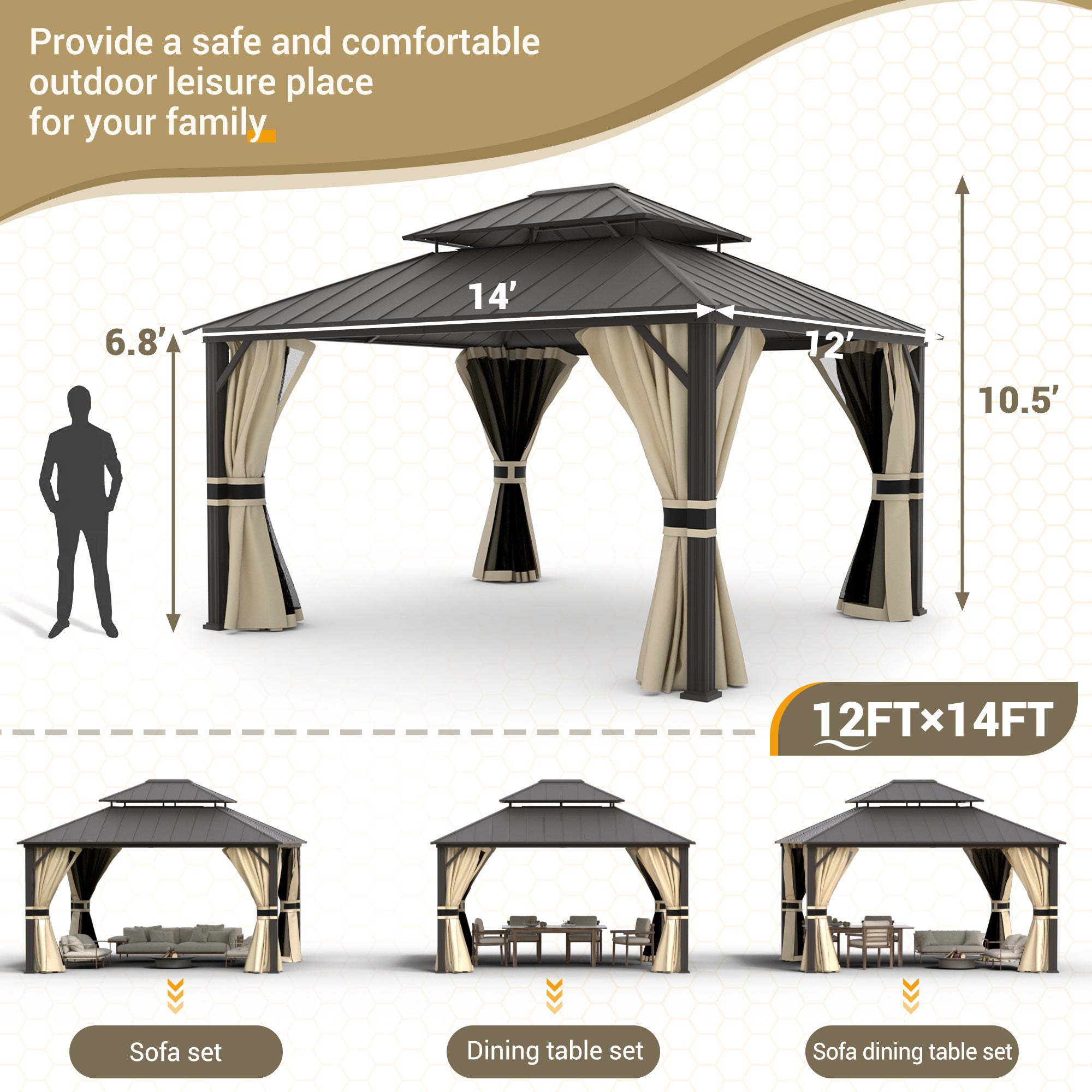 UDPATIO 12'x14' Hardtop Gazebo, Aluminum Frame Canopy with Double Galvanized Steel Roof, Outdoor Metal Gazebo with Curtains and Netting, Curtains for Backyard, Patio and Deck, Beige