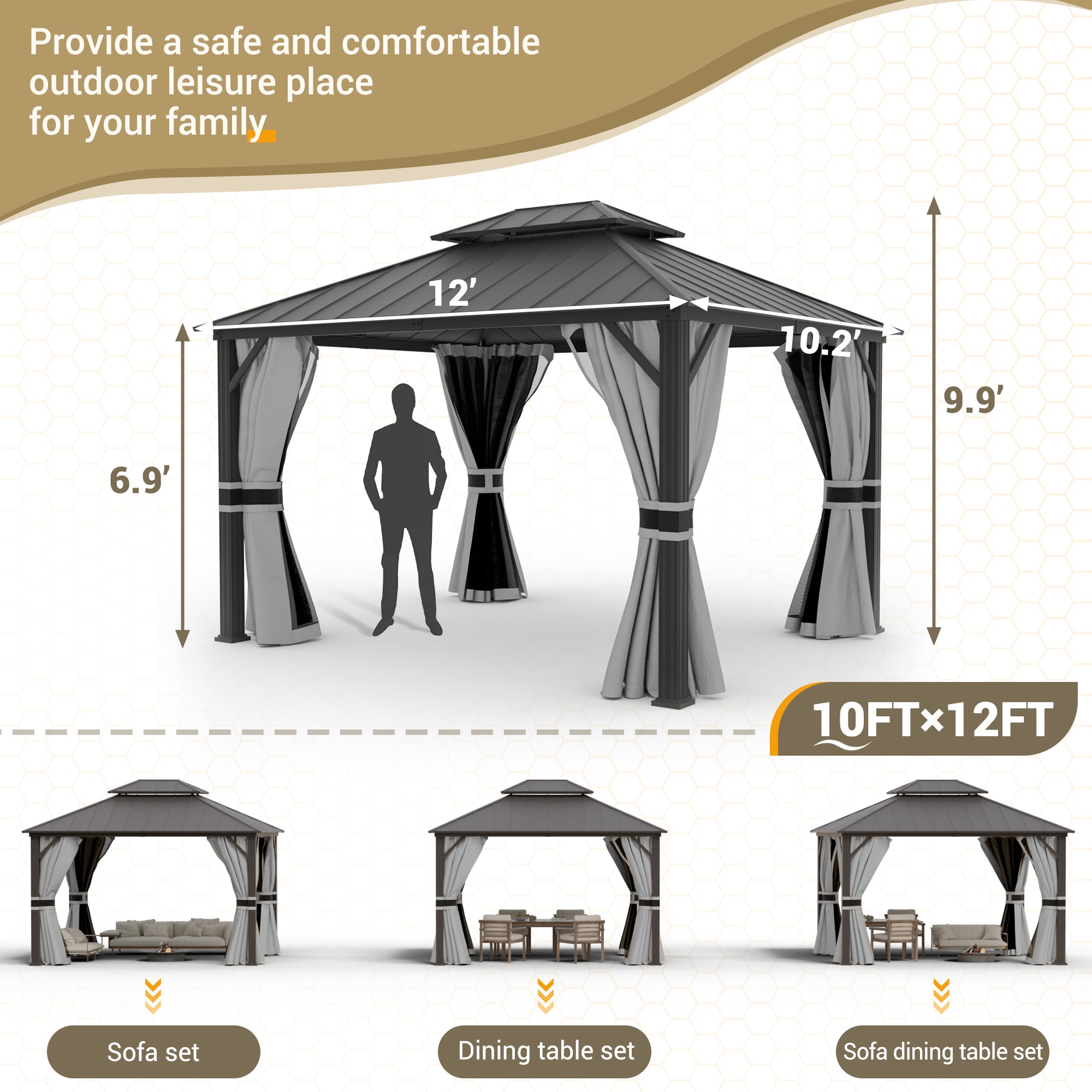 UDPATIO 10'x12' Hardtop Gazebo, Aluminum Frame Canopy with Double Galvanized Steel Roof, Outdoor Metal Gazebo with Curtains and Netting, Curtains for Backyard, Patio and Deck, Grey