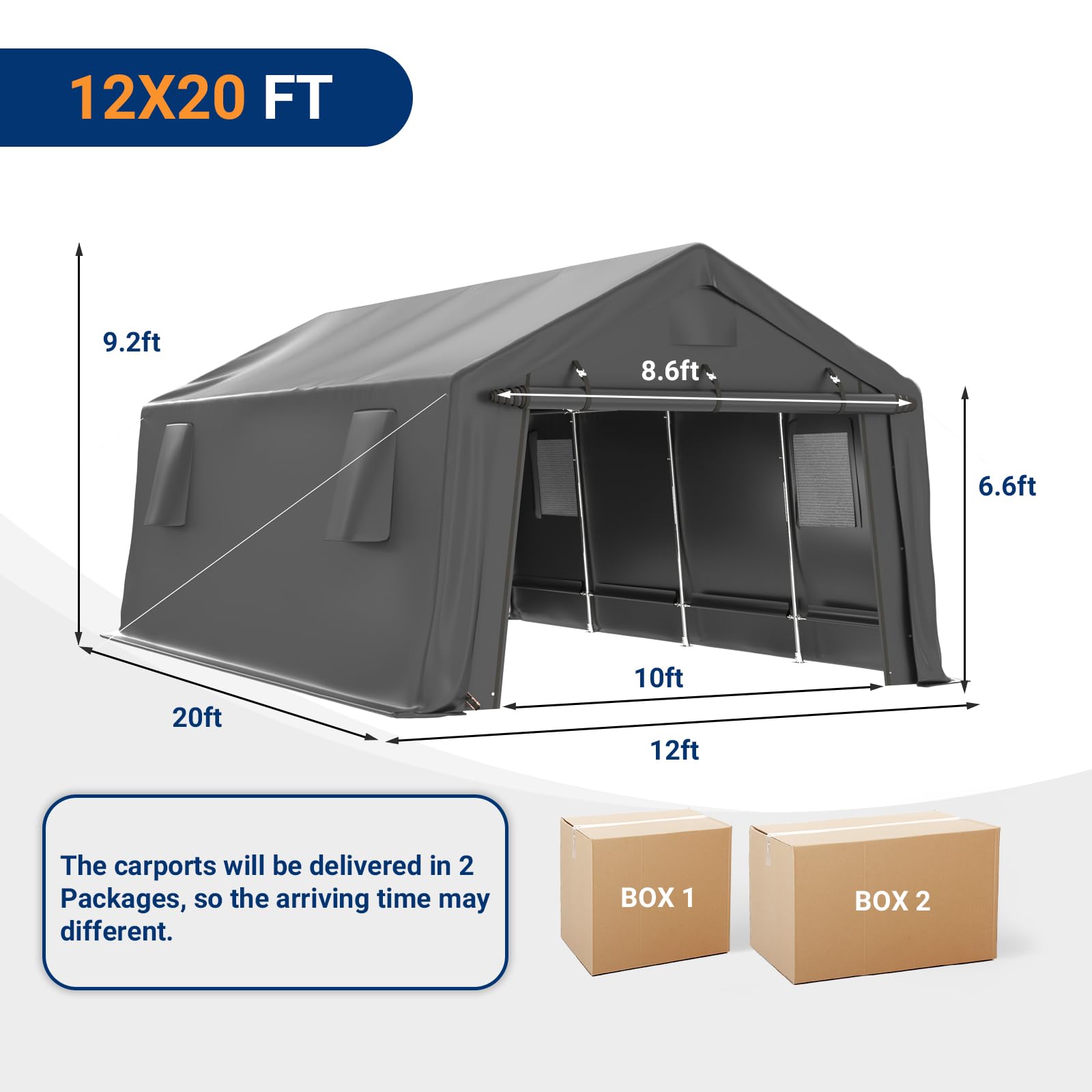 UDPATIO Carport Canopy 12x20 Heavy Duty, Peak Roof Portable Garage Waterproof Anti-Snow UV-Resistant Car Port with Roll-up Doors Galvanized Steel Tube Frame Storage for Vehicle Truck Boat, Black