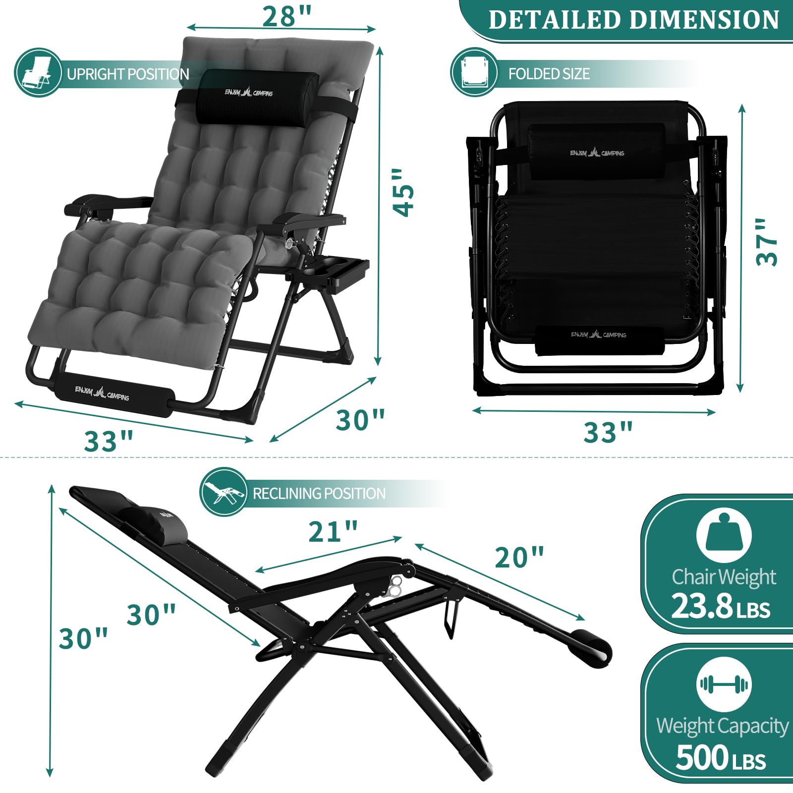 UDPATIO Oversized Zero Gravity Chair 33In XXL Patio Reclining Chair with Cushion, Outdoor Folding Recliner with Pillows|Cup Holder|Foot Rest|Padded Headrest, Support 500LB