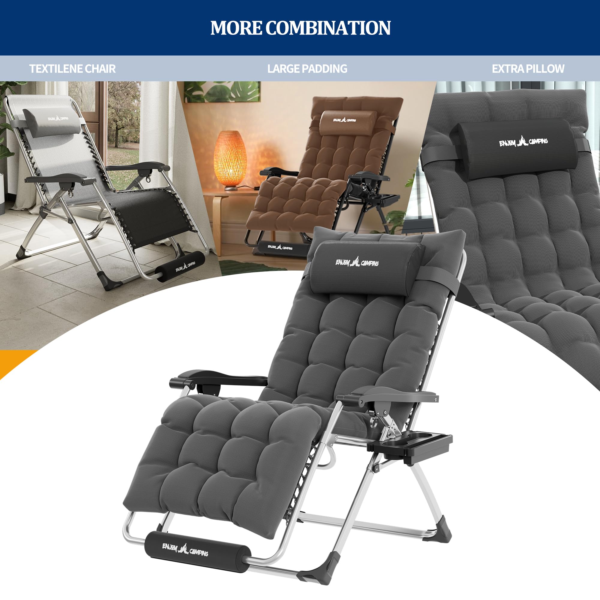 UDPATIO Oversized Zero Gravity Chair 29In XL Patio Reclining Chair with Cushion, Outdoor Folding Recliner with Pillows|Cup Holder|Foot Rest|Padded Headrest, Support 500LB