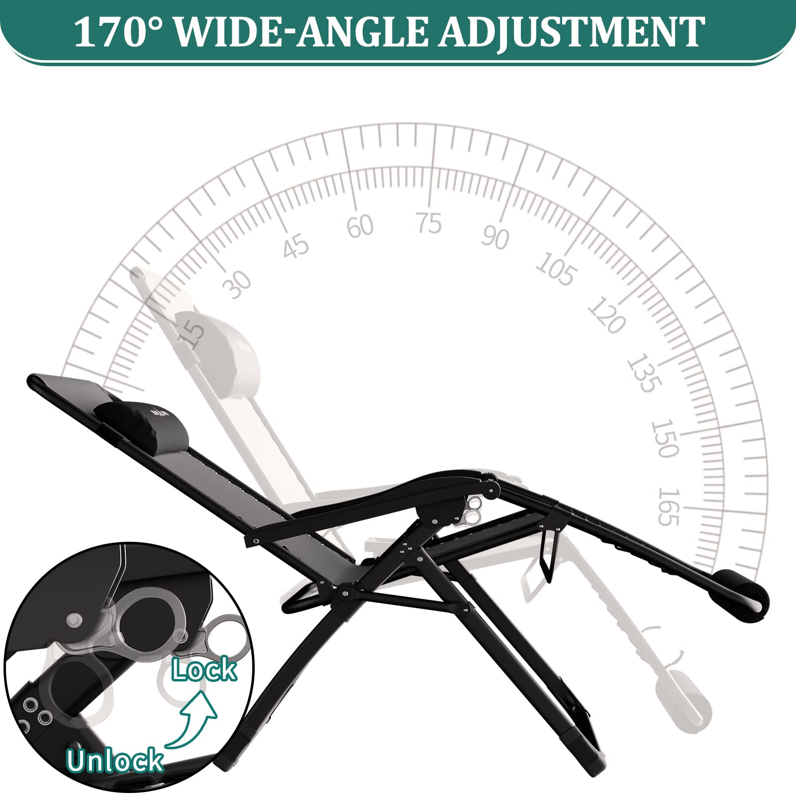 UDPATIO Oversized Zero Gravity Chair 33In XXL Patio Reclining Chair with Cushion, Outdoor Folding Recliner with Pillows|Cup Holder|Foot Rest|Padded Headrest, Support 500LB