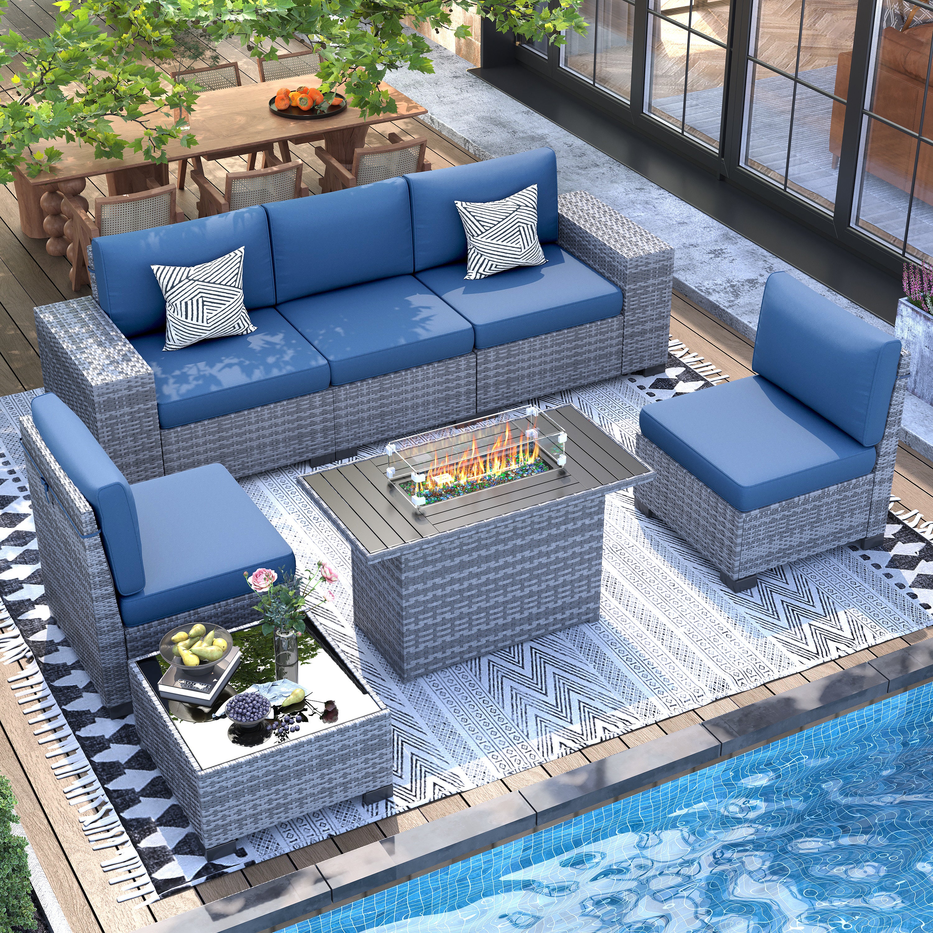 UDPATIO 7 Piece Patio Furniture Set with Fire Pit Table, 8''Wide Armrest Modular Rattan Outdoor Sectional  Sofa Set,Wicker Patio Conversation Sets for Backyard,Deck w/ 4'' Cushions,Cover