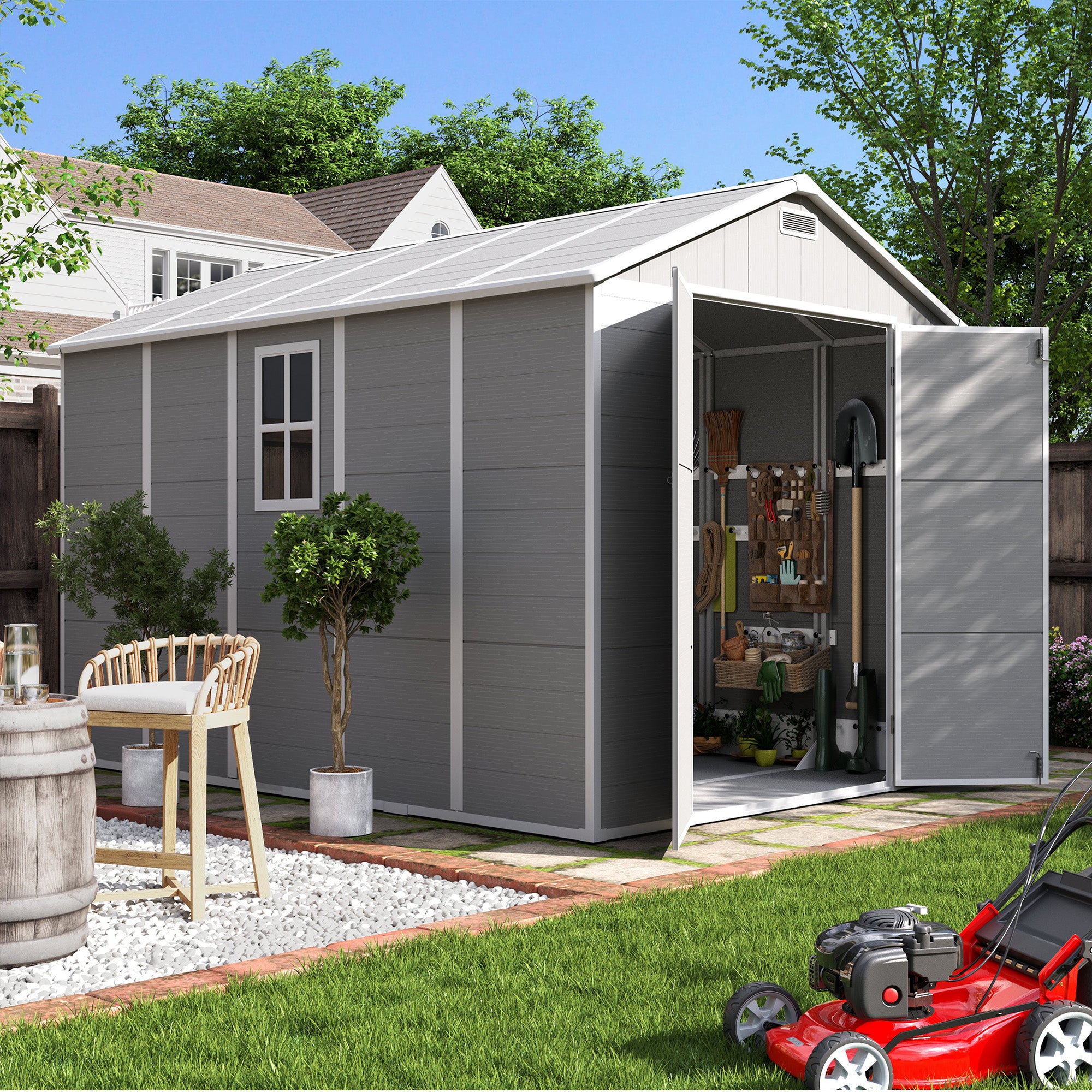 UDPATIO Outdoor Storage Shed 7.5x10.7 FT, Garden Plastic Shed Outside Sheds & Outdoor Resin Shed with Lockable Door for Backyard, Patio, Lawn, Grey & White