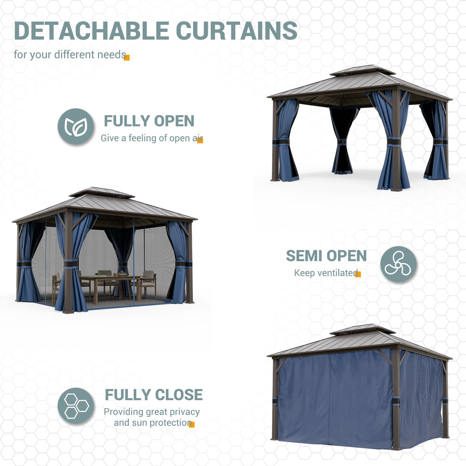 UDPATIO 10' x 12' Hardtop Gazebo, Outdoor Aluminum Gazebo with Galvanized Steel Double Roof, Permanent Metal Canopy with Curtains and Netting for Patio, Garden, Lawn, Backyard, Deck, Navy Blue