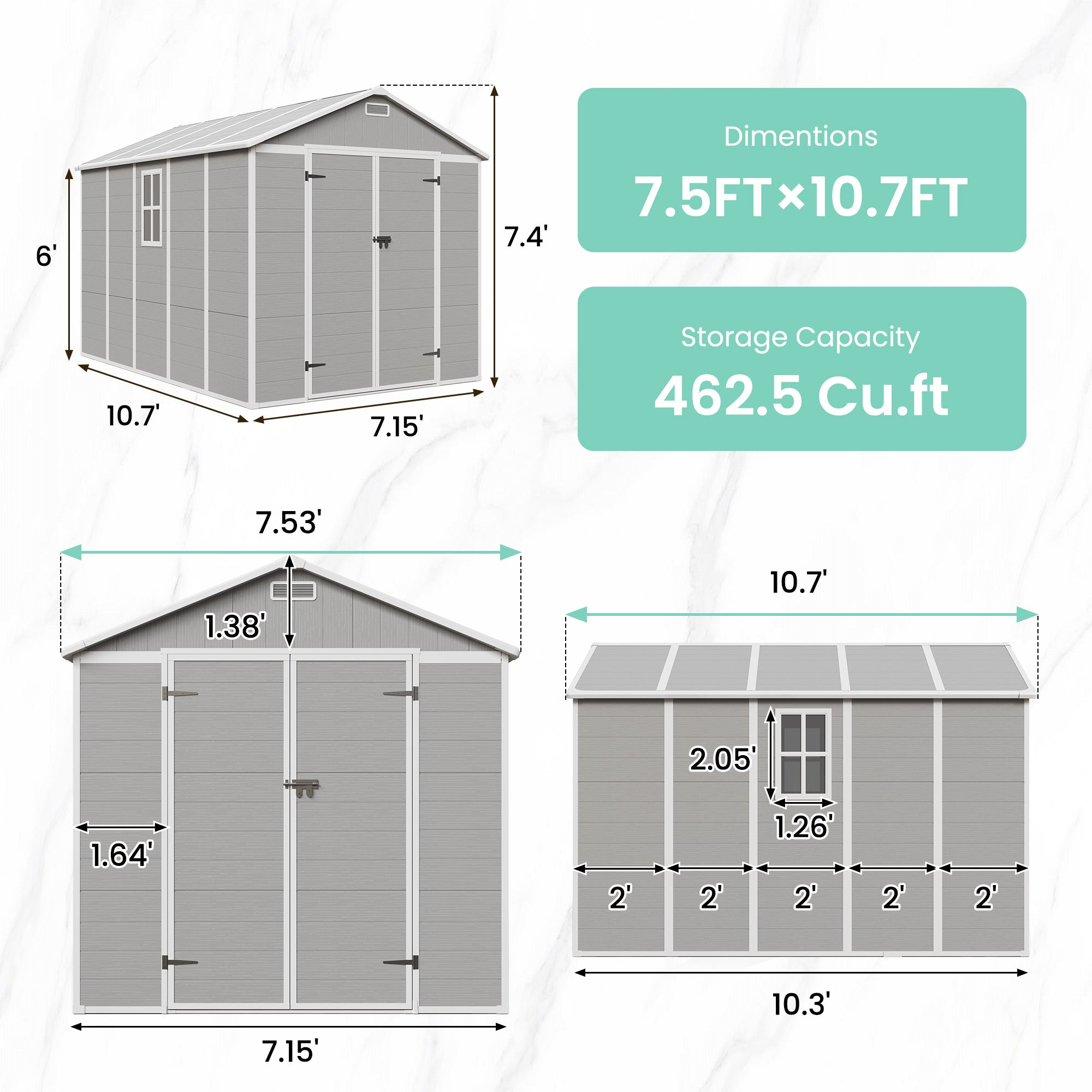 UDPATIO Outdoor Storage Shed 7.5x10.7 FT, Garden Plastic Shed Outside Sheds & Outdoor Resin Shed with Lockable Door for Backyard, Patio, Lawn, Grey & White